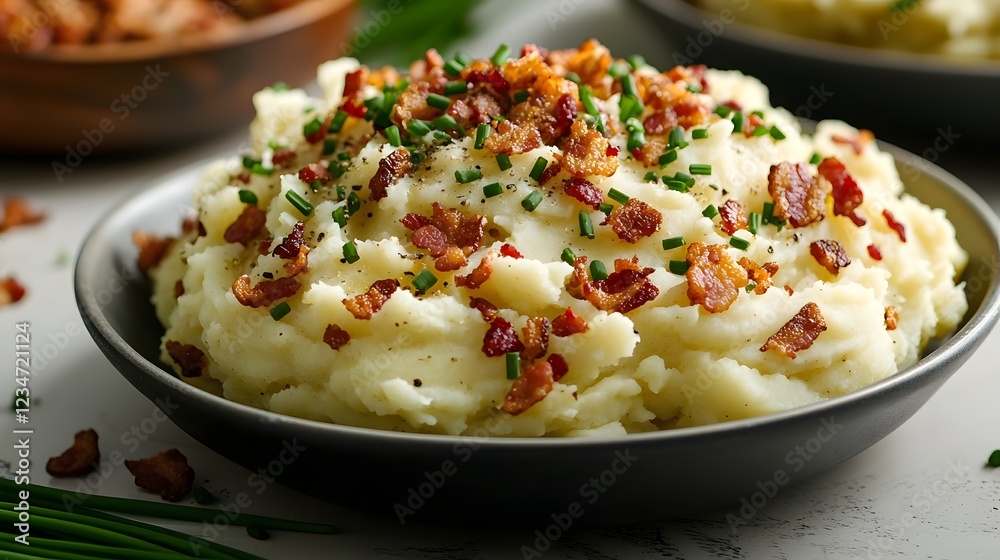 Smooth Warm Dish, Mouthwatering Creamy and Fluffy Mashed Potatoes with Crispy Bacon Crumbles and Vibrant Chives Smooth Warm Dish, Mouthwatering Creamy and Fluffy Mashed Potatoes with Crispy Bacon Crumbles and Vibrant Chives