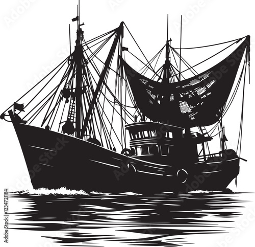 silhouette image, old fishing boat, vector