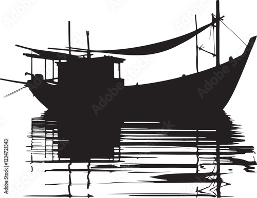 silhouette image, old fishing boat, vector