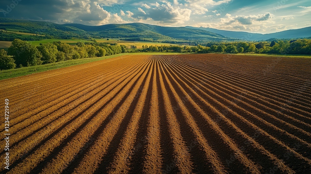 Aerial view of plowed farmland with parallel lines, leading to green hills under a partly cloudy sky. Aerial view of plowed farmland with parallel lines, leading to green hills under a partly cloudy sky.