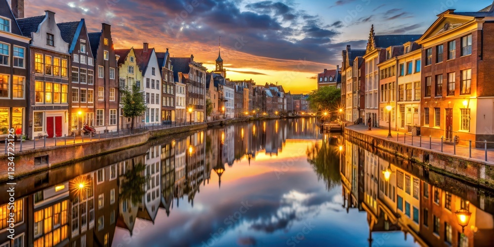 Naklejka premium Golden light and colorful buildings reflected in a serene canal, evening, architecture, evening