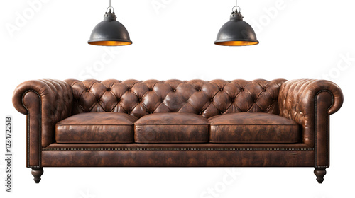 vintage leather sofa, Industrial-style loft with exposed brick walls on white or transparent background