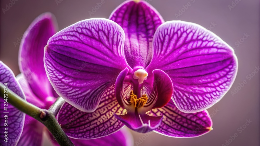 A vibrant orchid blossom, its delicate petals showcasing intricate patterns of purple and white, reveals its captivating beauty through a close-up lens. A vibrant orchid blossom, its delicate petals showcasing intricate patterns of purple and white, reveals its captivating beauty through a close-up lens.
