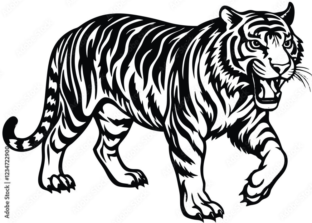 Tiger Silhouette Vector Art in Black and White, Wild Tiger Illustration Vector Design for Printing and Craft Projects Tiger Silhouette Vector Art in Black and White, Wild Tiger Illustration Vector Design for Printing and Craft Projects