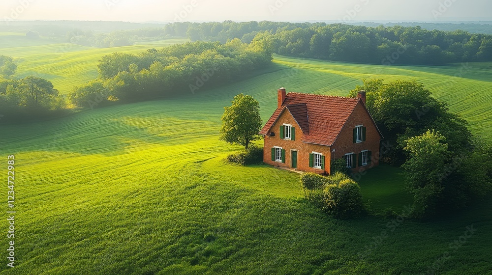 Aerial view of a charming brick house nestled in a vibrant green field, surrounded by lush trees under a soft morning light. Aerial view of a charming brick house nestled in a vibrant green field, surrounded by lush trees under a soft morning light.