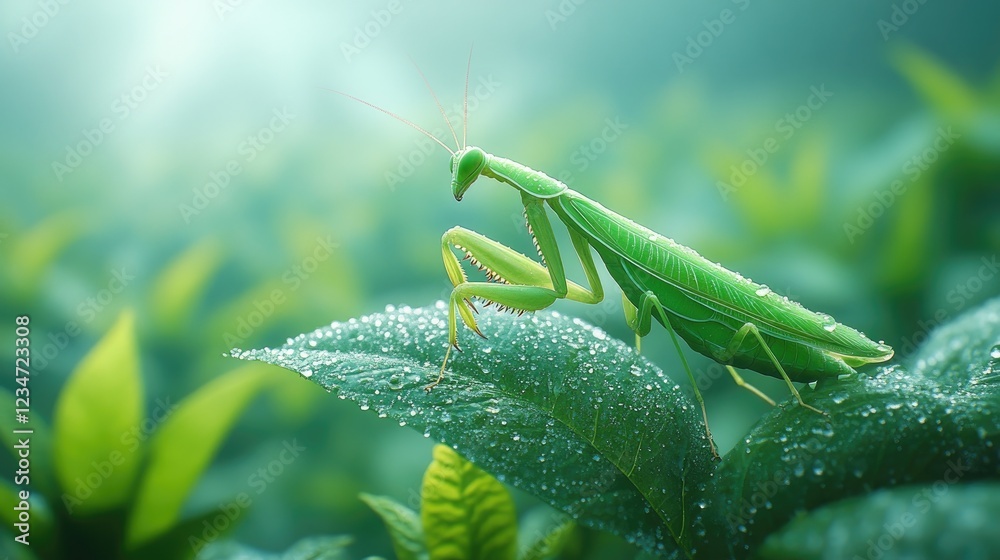 Green Praying Mantis Standing on a Leaf With Water Droplets Against Green Blurred Background Green Praying Mantis Standing on a Leaf With Water Droplets Against Green Blurred Background