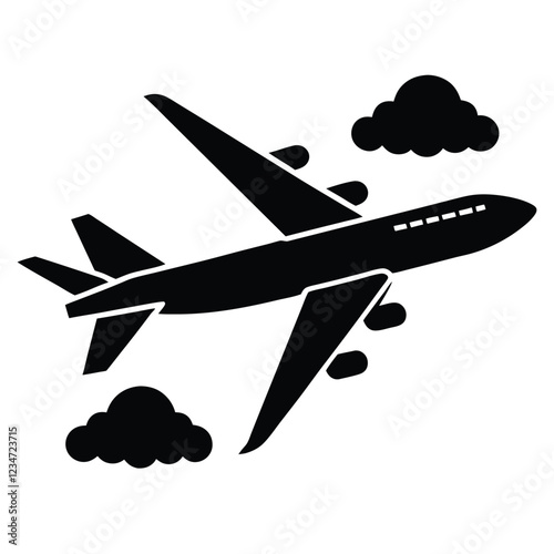 A modern commercial airplane flying in the sky with clouds in the background, minimalistic vector design