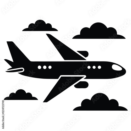 A modern commercial airplane flying in the sky with clouds in the background, minimalistic vector design