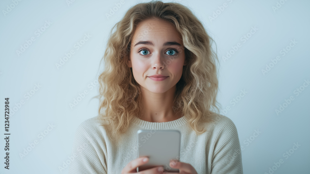 A Moment of Intrigue: A young woman with captivating blue eyes and tousled blonde hair gazes intently at her smartphone, her expression hinting at a mix of curiosity and anticipation. A Moment of Intrigue: A young woman with captivating blue eyes and tousled blonde hair gazes intently at her smartphone, her expression hinting at a mix of curiosity and anticipation.