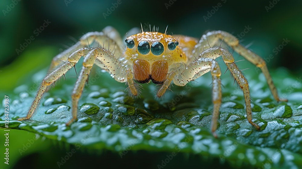 Fototapeta premium Close-up of a yellow jumping spider with four eyes on a wet green leaf detailed macro photography
