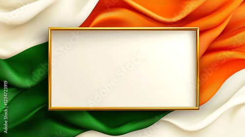 India Independence Day Frame White Empty Gold Frame on Orange White Green Draped Fabric Background