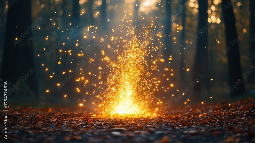 A vibrant explosion of sparks in a misty forest setting. A vibrant explosion of sparks in a misty forest setting.