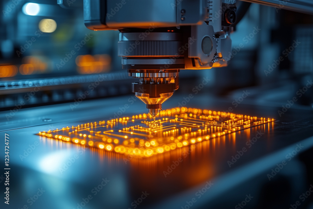 A close-up of a 3D printer creating a small circuit model, representing tech innovation. Bright lighting, contrast A close-up of a 3D printer creating a small circuit model, representing tech innovation. Bright lighting, contrast