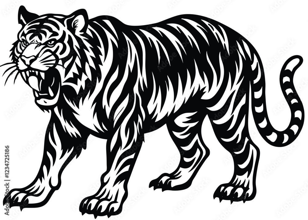 Fototapeta premium Tiger Silhouette Vector Art in Black and White, Wild Tiger Illustration Vector Design for Printing and Craft Projects