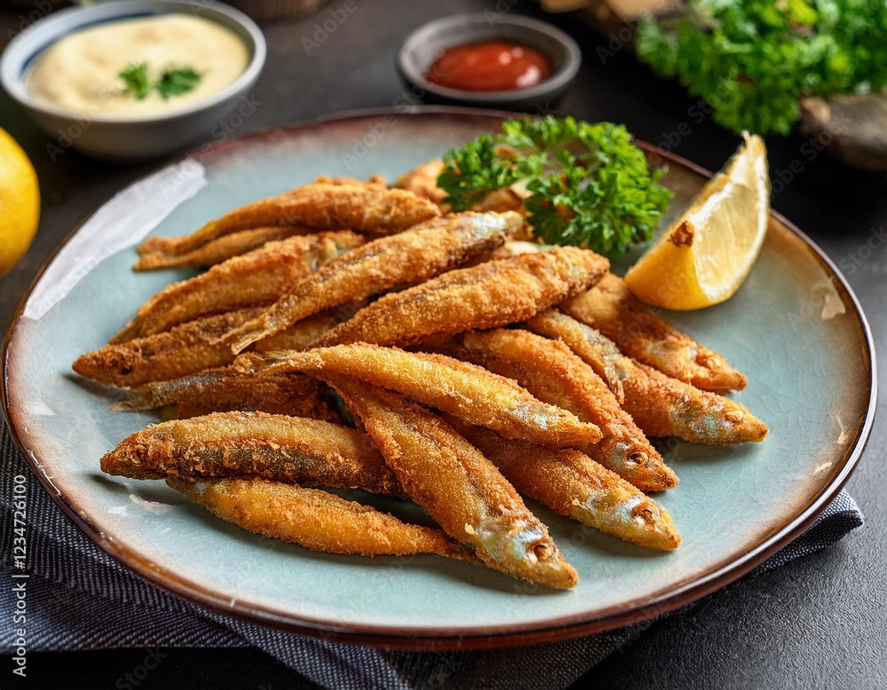 Crispy fried smelt fish are arranged on a turquoise ceramic plate, garnished with fresh parsley and lemon wedges, served with dipping sauces on the side. Crispy fried smelt fish are arranged on a turquoise ceramic plate, garnished with fresh parsley and lemon wedges, served with dipping sauces on the side.