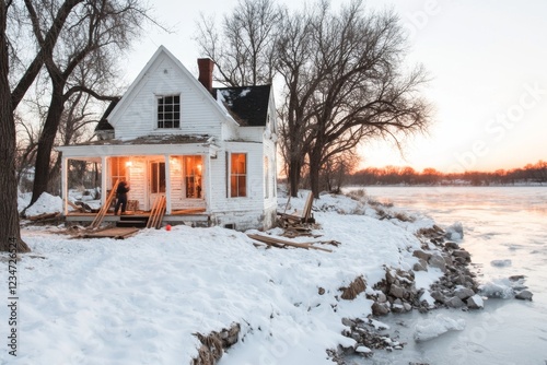 A farmhouse being restored, with workers repairing wooden beams and replacing old shingles