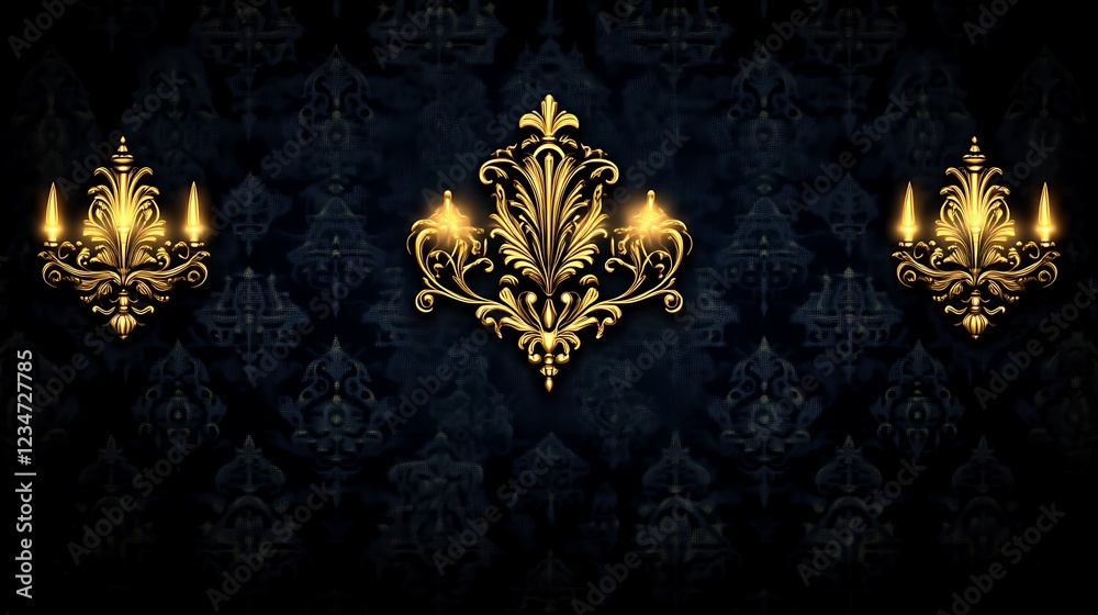 Fototapeta premium Gilded Wall Sconces and Ornate Centerpiece Adorn Dark Wall