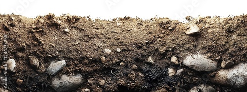 Wallpaper Mural The soil is rich in organic matter, covered with dirt and stones on the surface, against a white background, with a panoramic view and a top-down perspective Torontodigital.ca