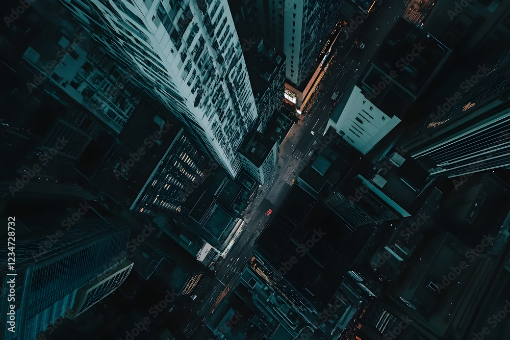 Obraz premium Overhead view of a cityscape, an aerial drone photograph, showing high-rise buildings and streets