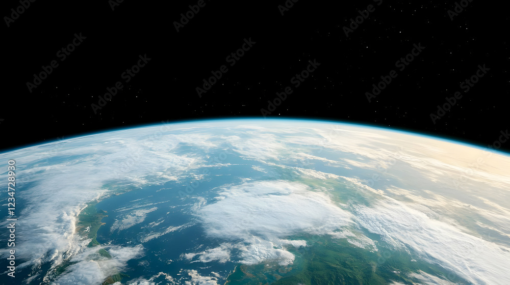 Fototapeta premium Planet Earth showing the curved horizon with white clouds and blue atmosphere against the blackness of outer space.