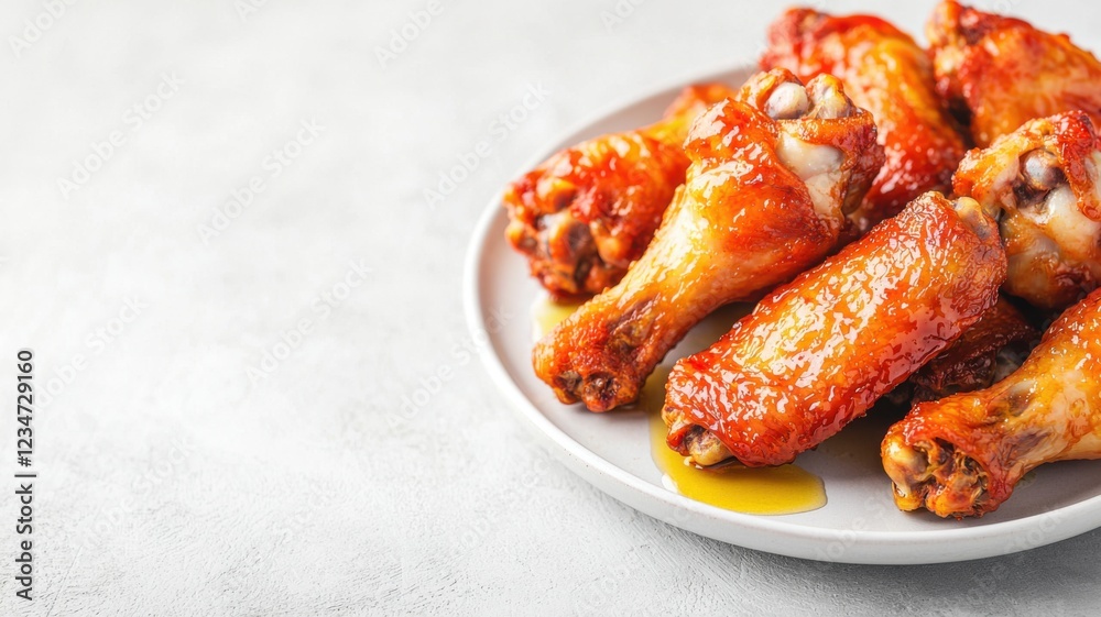 A plate of crispy chicken wings glazed with a savory sauce, served on a light background, perfect for appetizers or game day snacks. A plate of crispy chicken wings glazed with a savory sauce, served on a light background, perfect for appetizers or game day snacks.