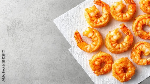 Crispy, golden shrimp arranged neatly on a paper towel, showcasing a delicious seafood dish perfect for appetizers or main courses.