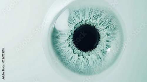 Close - up of a human eye with a light green iris and detailed texture, set against a light background.