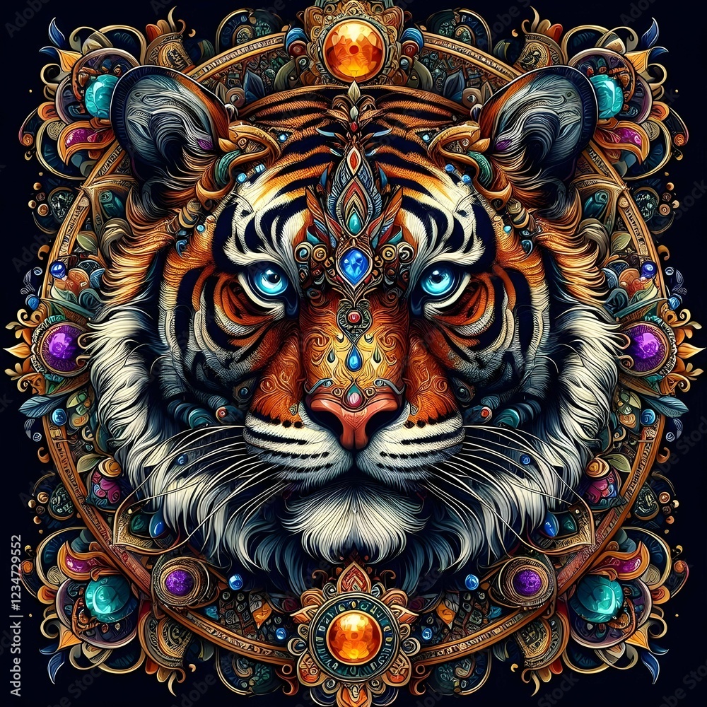 Majestic Tiger Portrait with Intricate Mandala Design, Sparkling Gemstone Accents, and Delicate Ornate Patterns, Representing Power and Beauty, Symbolic Animal Art, Spiritual and Mystics. Majestic Tiger Portrait with Intricate Mandala Design, Sparkling Gemstone Accents, and Delicate Ornate Patterns, Representing Power and Beauty, Symbolic Animal Art, Spiritual and Mystics.
