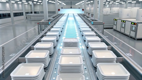 Wallpaper Mural Stacks of white food trays are moving on a conveyor belt inside a modern food processing plant, undergoing automated quality control and packaging for distribution Torontodigital.ca