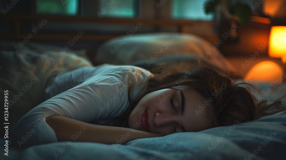 Beautiful woman sleeping in bed smiling Beautiful woman sleeping in bed smiling
