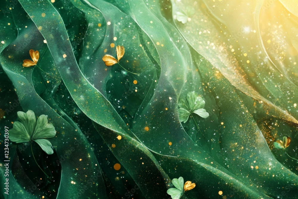 Colorful fabric with leaves and glitter glimmers in sunlight creating a magical atmosphere Colorful fabric with leaves and glitter glimmers in sunlight creating a magical atmosphere