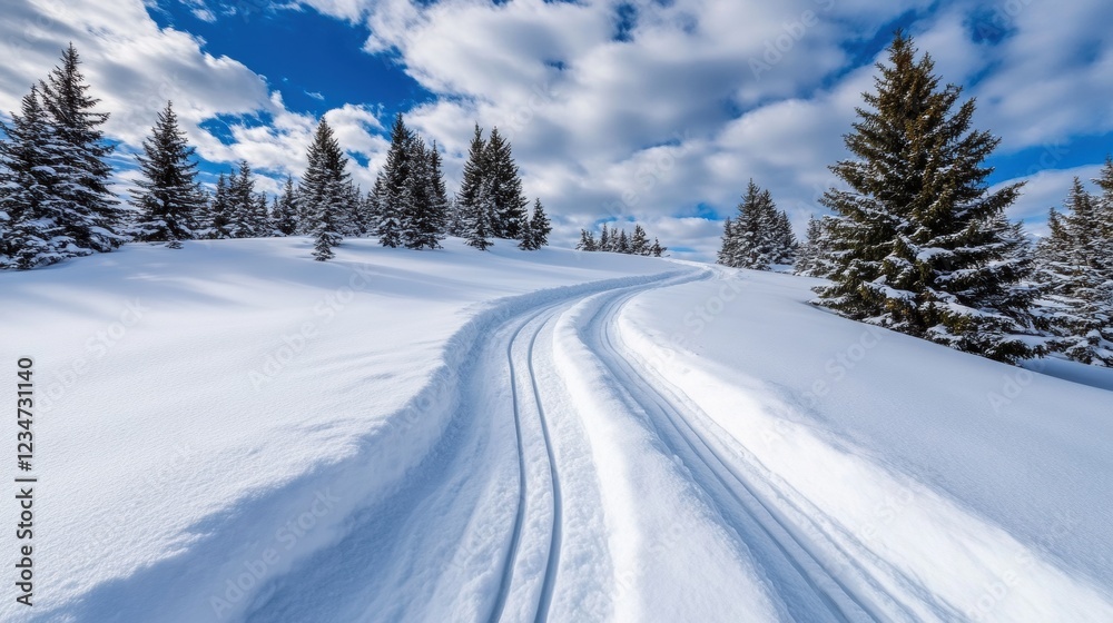 Serene Winter Landscape with Snowy Path and Pine Trees Serene Winter Landscape with Snowy Path and Pine Trees