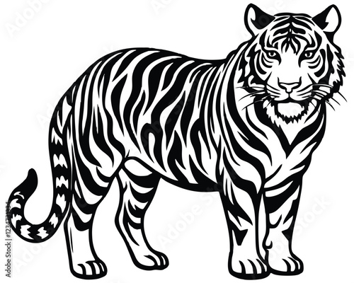 Tiger Silhouette Vector Art in Black and White, Wild Tiger Illustration Vector Design for Printing and Craft Projects 