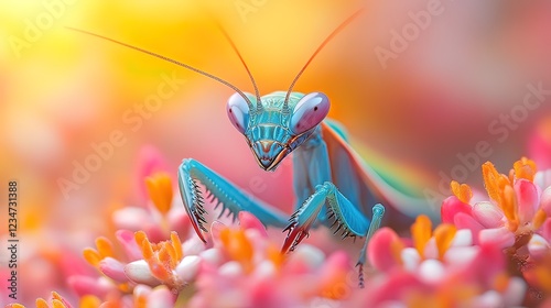A Vibrant Blue Praying Mantis Amongst Pink Flowers
