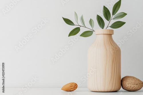 A minimalist design featuring a simple object, like a milk bottle, replaced with a single almond in the shape of the bottle, symbolizing substitution