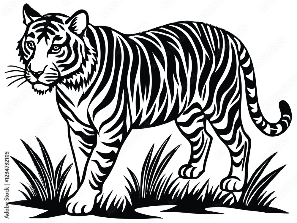 Naklejka premium Tiger Silhouette Vector Art in Black and White, Wild Tiger Illustration Vector Design for Printing and Craft Projects 