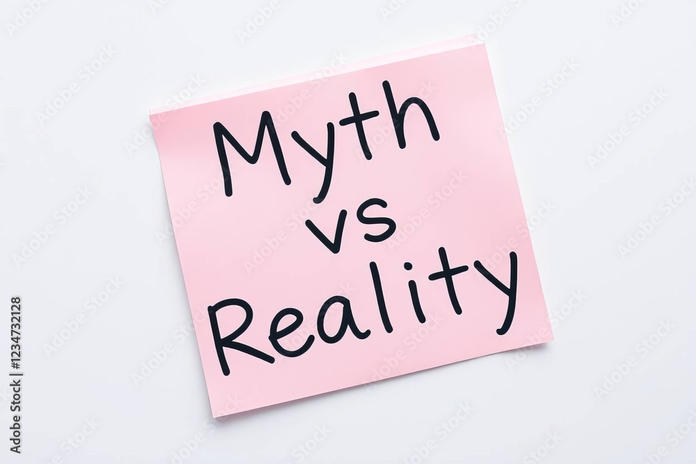 Text Myth vs Reality on pink note on white background Text Myth vs Reality on pink note on white background