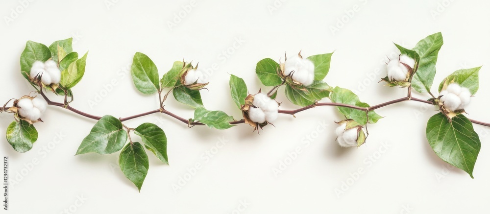 Naklejka premium Cotton branch with green leaves and white cotton bolls on light background with ample copy space