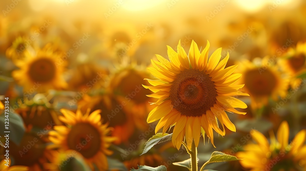 Obraz premium Golden Sunlight Bathes a Field of Sunflowers Reaching Towards the Sky in a of Natures Abundance