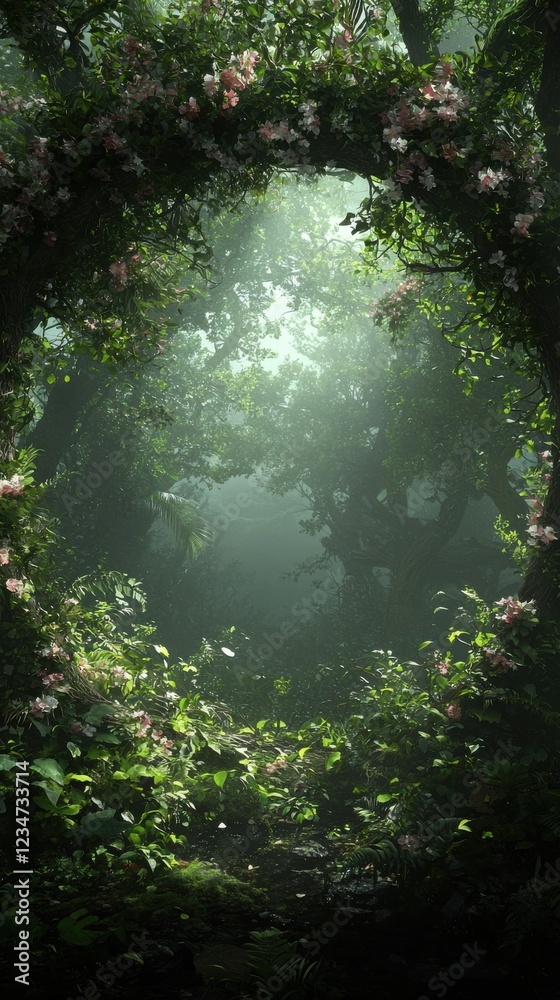 Fototapeta premium Enchanted forest portal fantasy landscape digital lush environment dreamlike viewpoint otherworldly concept