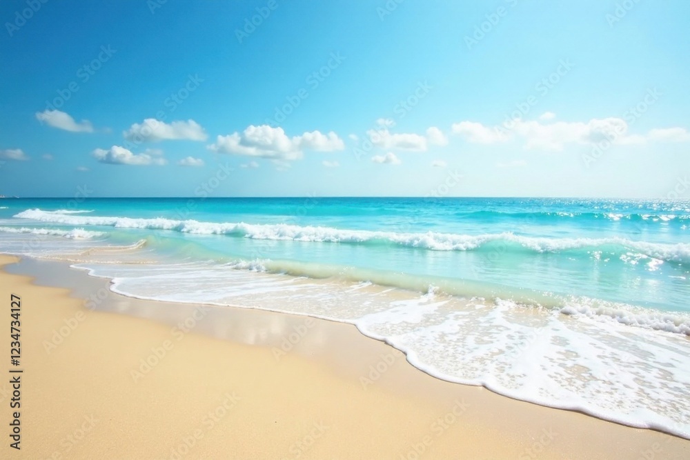 Fototapeta premium Tranquil Beach Scene Serene Waves Gently Kissing a Golden Shore Under a Brilliant Azure Sky