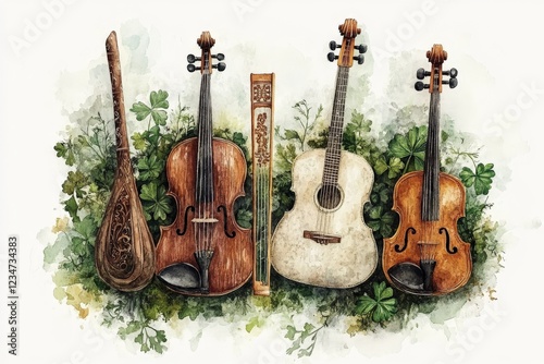 Different types of instruments displayed amongst clovers in a creative arrangement
