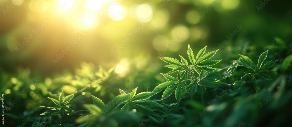Close-up of cannabis leaves with soft sunlight filtering through greenery and blurred background, nature setting with Copy Space Close-up of cannabis leaves with soft sunlight filtering through greenery and blurred background, nature setting with Copy Space