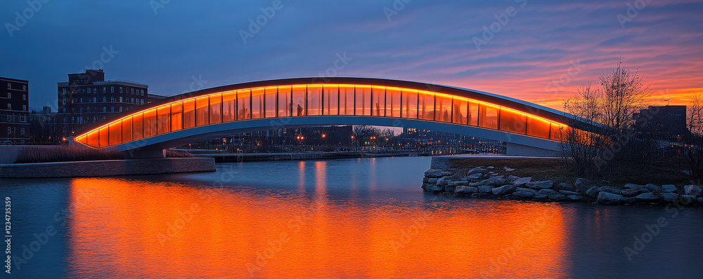 Obraz premium contemporary urban bridge with sleek design illuminated at sunset, reflecting on water