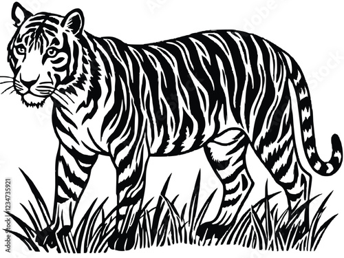 Tiger Silhouette Vector Art in Black and White, Wild Tiger Illustration Vector Design for Printing and Craft Projects 