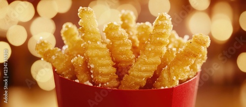Crispy golden crinkle cut fries in a red cardboard container against a blurred warm background with copy space