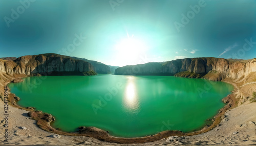 Fototapeta Naklejka Na Ścianę i Meble -   Hdri panorama 360 degrees angle view on limestone coast of huge green lake or river near forest in summer day with beautiful Sunshin