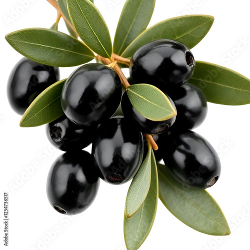 Fresh Black Olives with Branch and Leaves Isolated on White Background