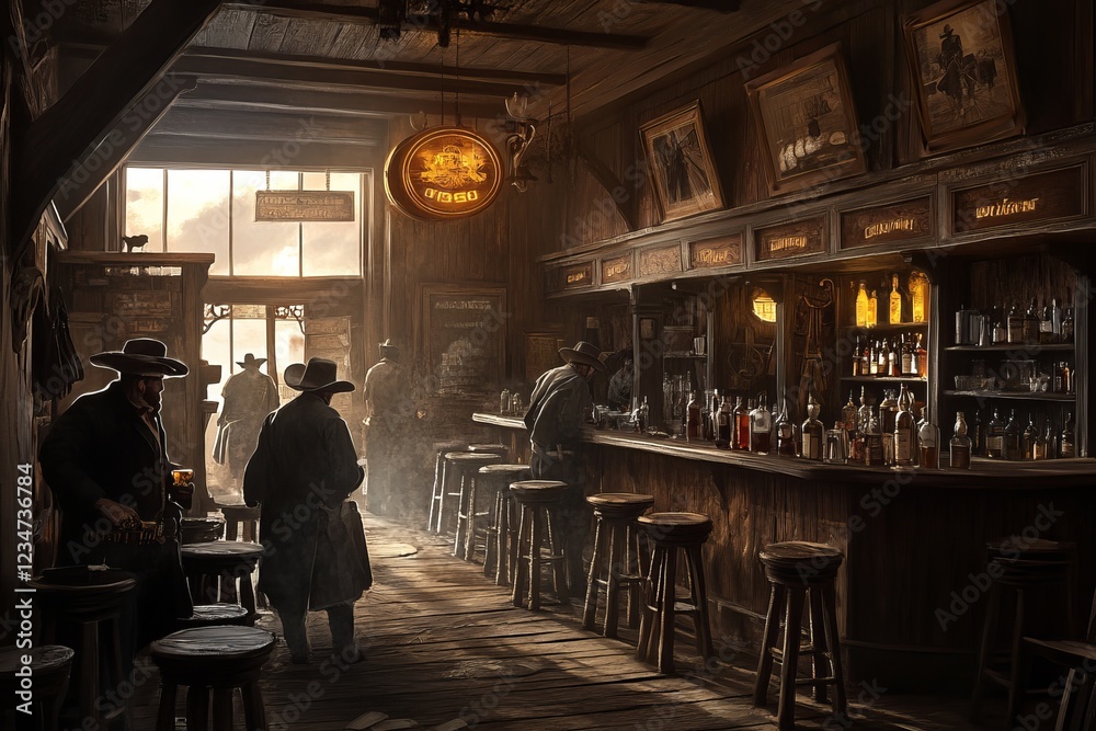 wild west saloon bar with stools and bottles of whickey wild west saloon bar with stools and bottles of whickey
