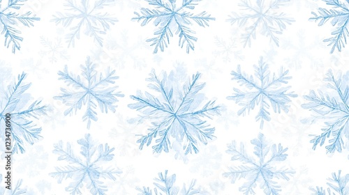 Delicate blue snowflakes pattern, winter holiday design, white background, festive backdrop, for wrapping paper